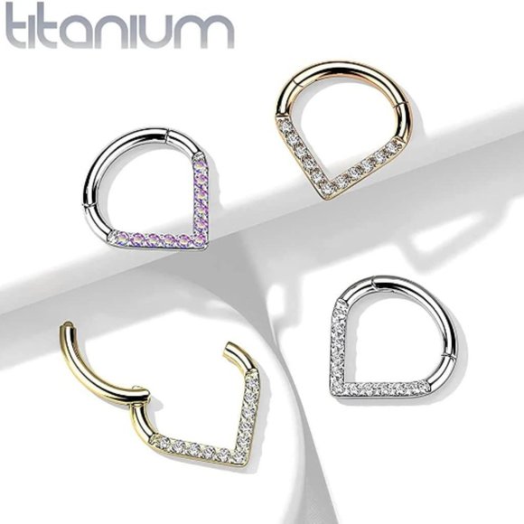 Implant Grade Titanium Hinged Segment Nose Ring Septum Hoop Ring Single Line CZ - Picture 1 of 9